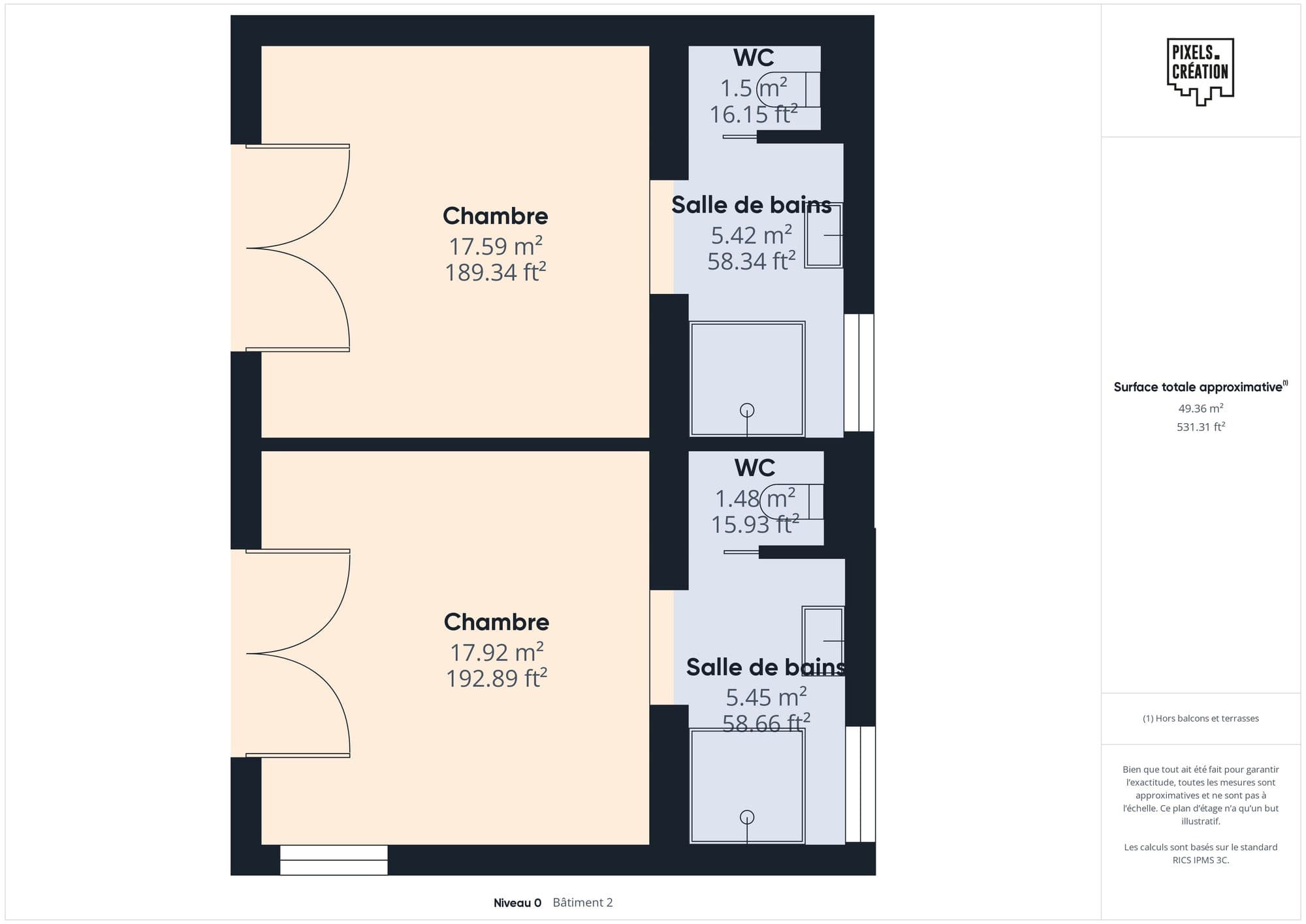 Floor plan of the two-bedroom pavilion with two ensuite bathrooms