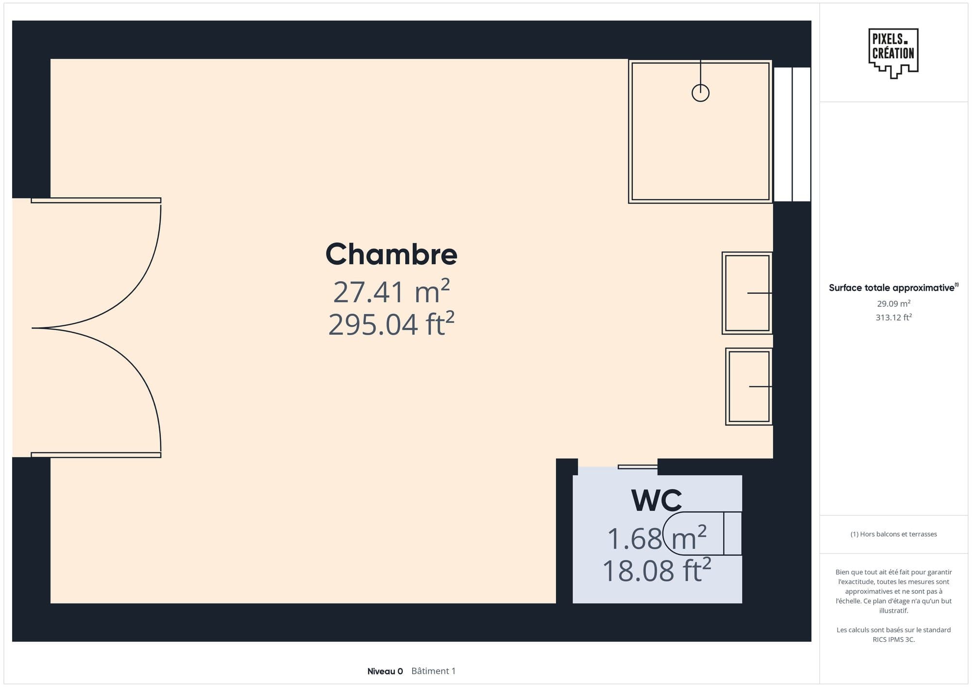 Detailed floor plan of the master bedroom pavilion, with dressing area and a separate WC