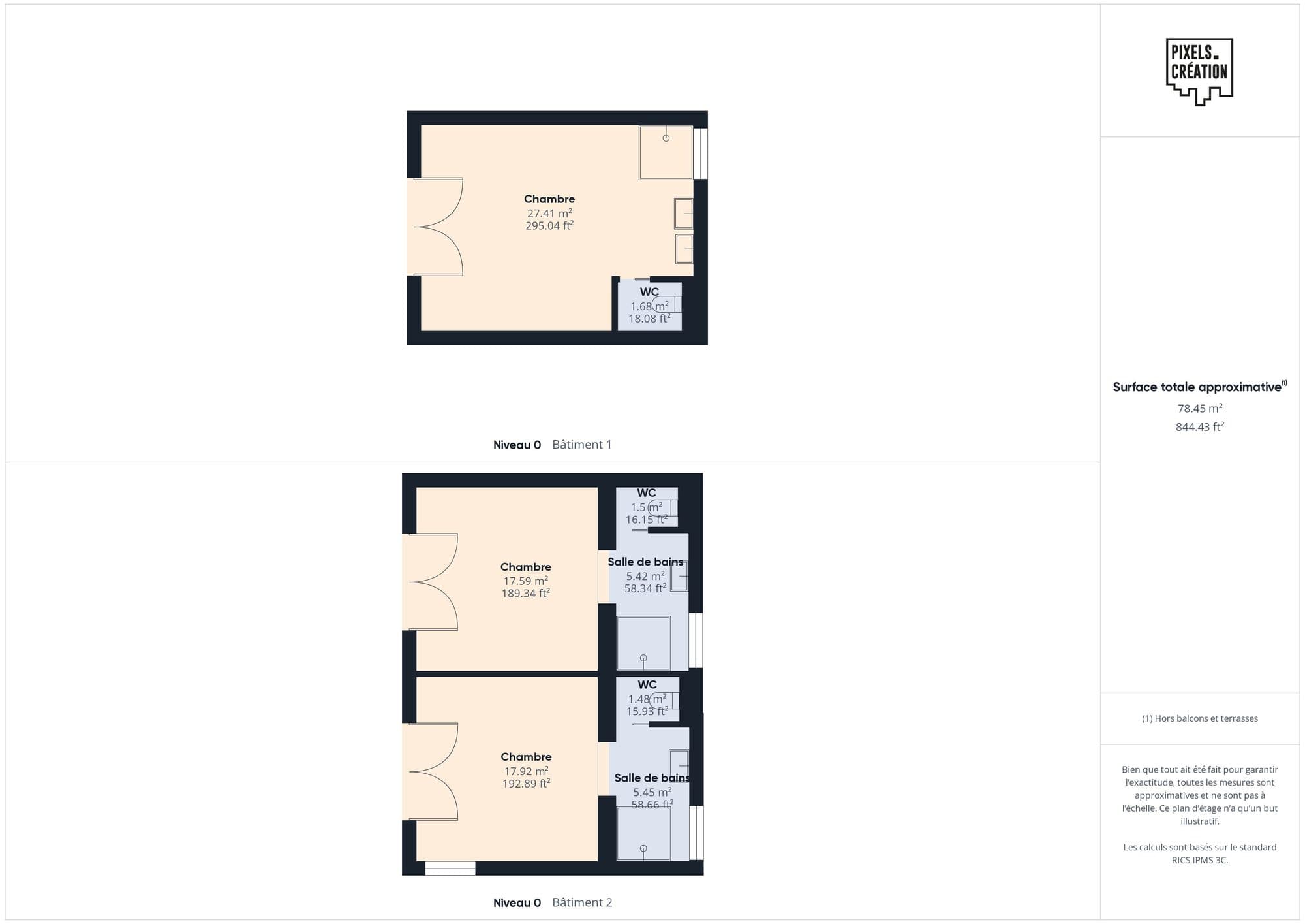 Overview floor plan of the two pavilions: the master bedroom building and the two-bedroom guest building
