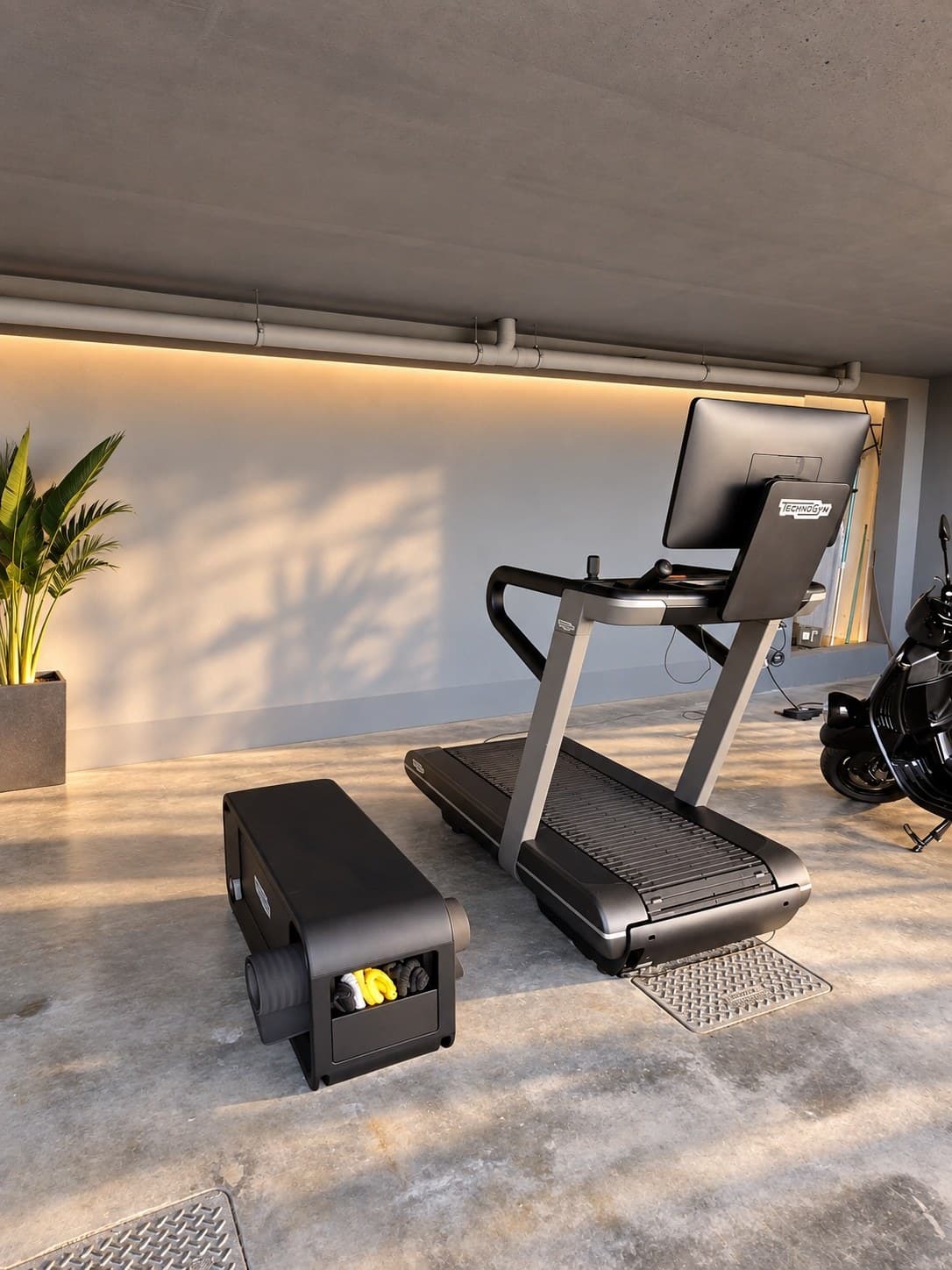 The private gym at garage level: Technogym Run treadmill and Technogym Bench in morning light